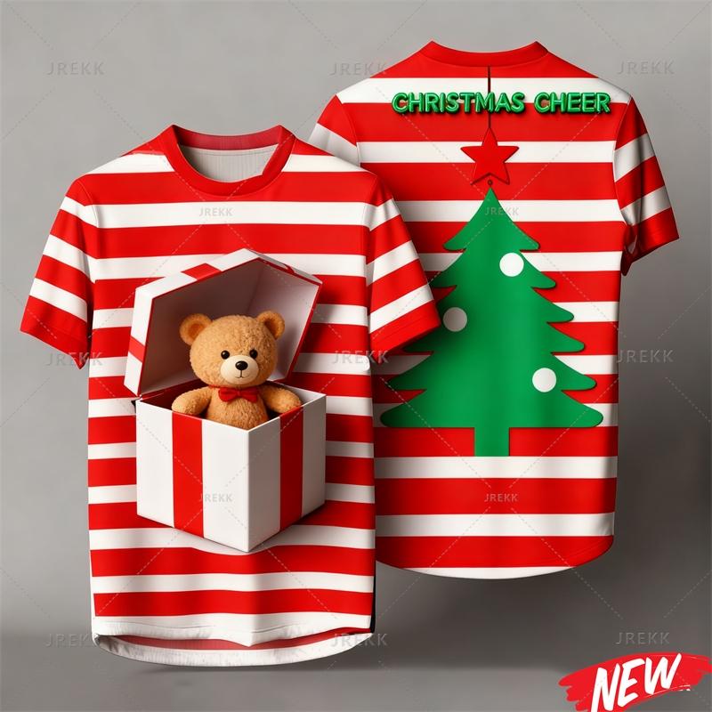 Red Stripes Cartoon Christmas Tshirt Men Women 3d Printing Merry Christmas Tee Shirts Tops 2026 New Year Short Sleeve T-shirt