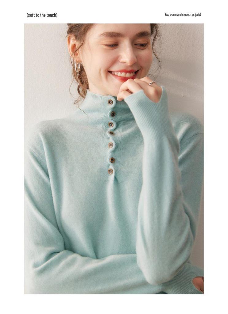 2025 Women's Cashmere Wool High Neck Multi-Button Sweater - Autumn Winter Solid Design