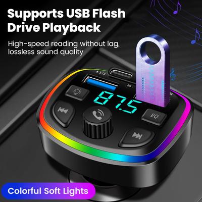 Smart LED Car FM Transmitter Bluetooth 5.0 Hands-Free with 4-Port Fast Charger