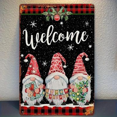Rustic Gnome Welcome Sign Vintage Iron Metal Wall Art Festive Holiday Decor for Home Farmhouse Outdoor Kitchen Bar B
