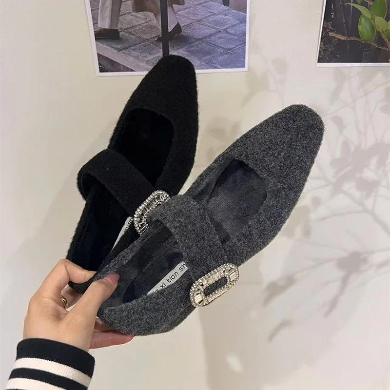 Fashion Warm Fleece 3CM Women Mary Jane Shoes Fashion Crystal Buckle 2025 Spring Wedding Party Female Shoes