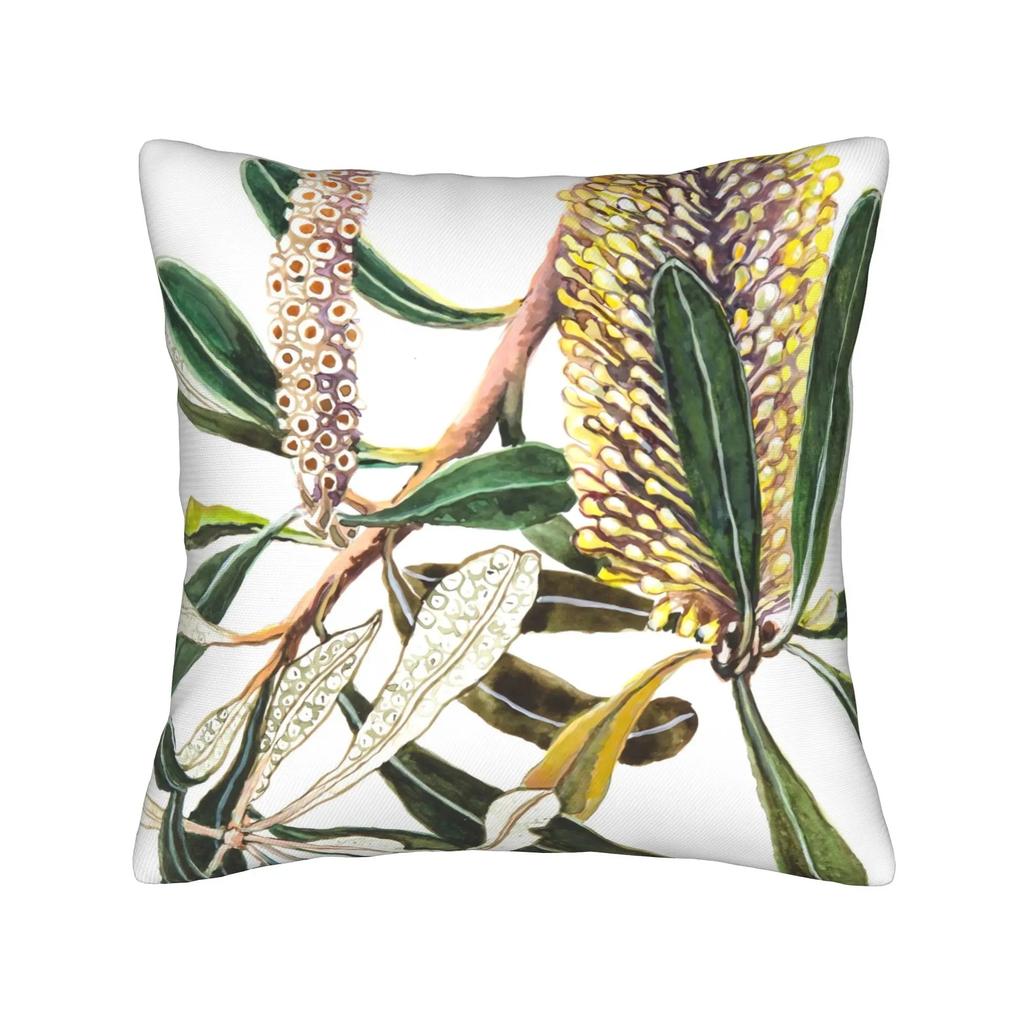 Vintage Watercolor Banksia Flower Pillowcase Peach Skin D Flat Printed Botanical Leaves Cushion Cover Living Room Sofa Decor