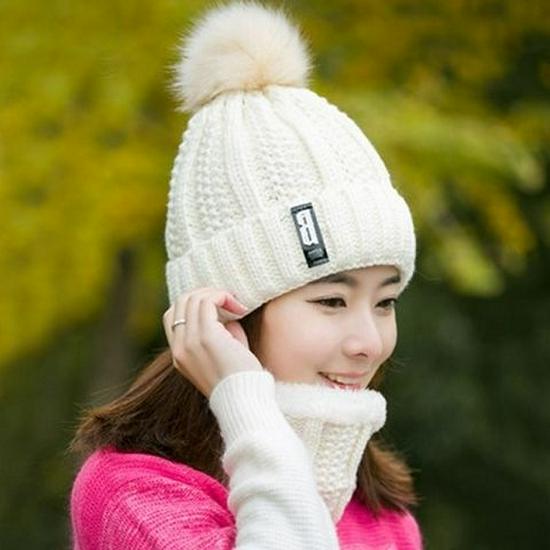 

Корейский флисовый комплект шапка и шарф: Женский толстый вязаный, теплый и стильный зимний аксессуар белый