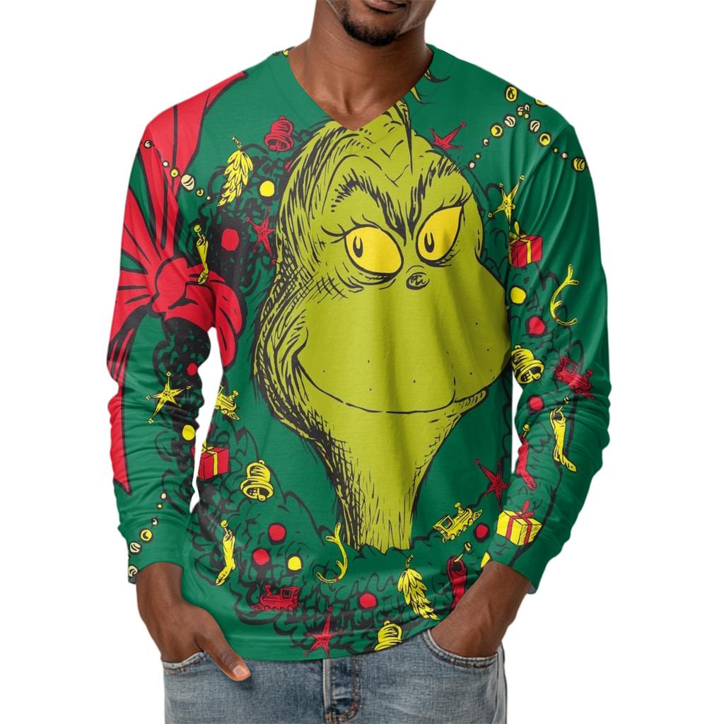 Men's Fashion Printed V-Neck Casual Long-Sleeved T-Shirt Bottoming Shirt Top