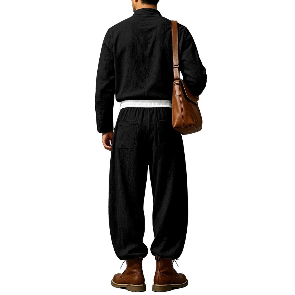 Men's Casual Linen Shirt and Curved Pants Matching 2 Piece Set for Daily Wear
