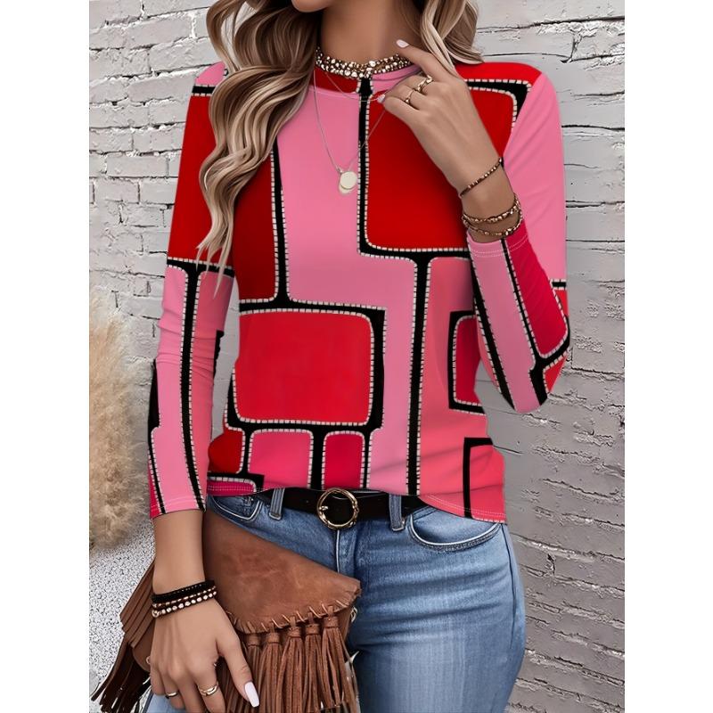 Brightly Colored Checkered Pattern Women's Round Neck Long-sleeved Top, a Stylish and Casual Everyday Look, a New Style.