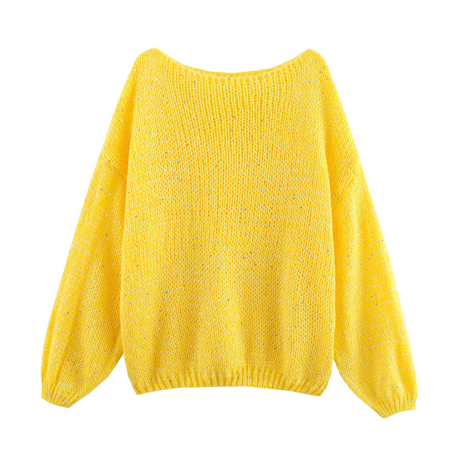 

Женский трикотажный пуловер с пайетками в европейско-американском стиле, весна 2025: Универсальный топ свободного кроя с длинным рукавом и круглым вырезом Small