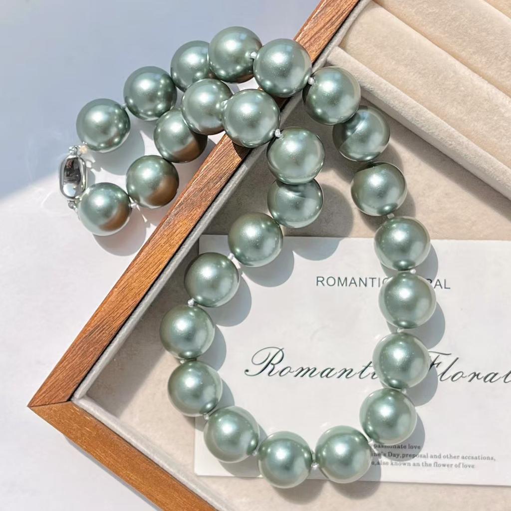 16Mm Vintage Haute Couture Large Grain Turquoise Faux Crystal Pearl Necklace Collarbone Sweater Chain