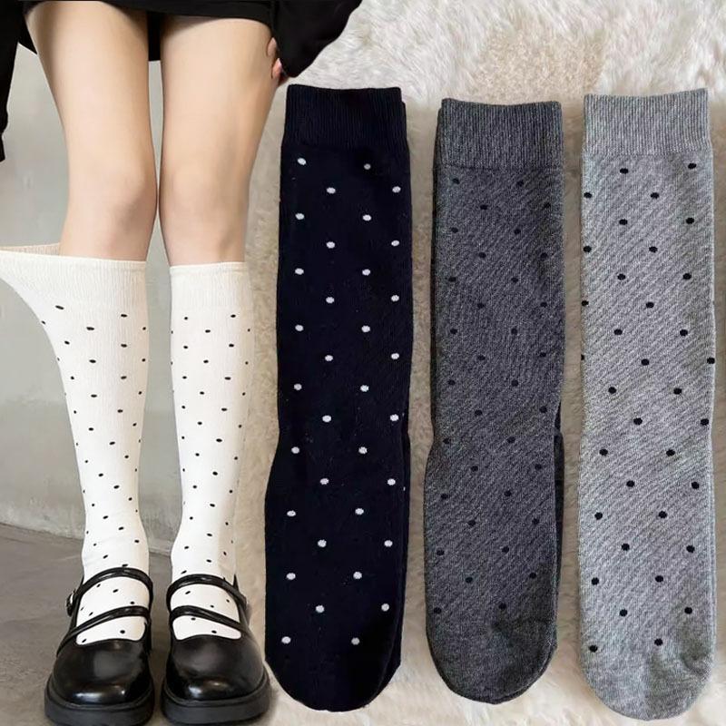 Korean White Polka Dot Knee High Socks JK High Tube Pile Sock Gray Small Round Dot High Tube Socks with Small Leather Shoes