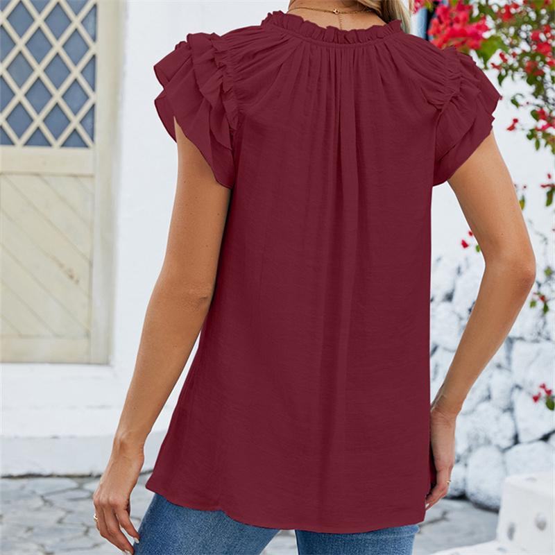 Frühling Sommer Einfarbig Krawatte V-Ausschnitt Plissee Bluse Casual Bandage Rüschen Kurzarm Damen Top