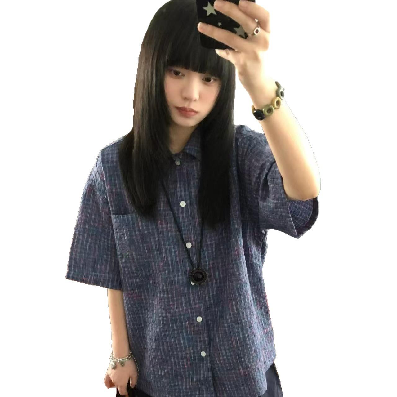 

Ретро клетчатая рубашка с коротким рукавом для женщин, новый летний стиль свободной и повседневной рубашки для миниатюрных мужчин и женщин 2XL синий/фиолетовый