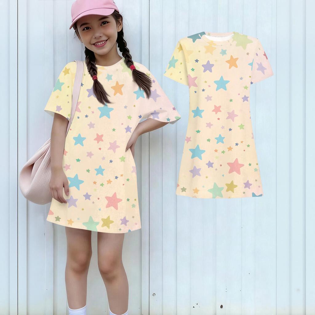 Girls Print Casual Dress Kids Loose Round Neck Short Sleeve Thin Sundress