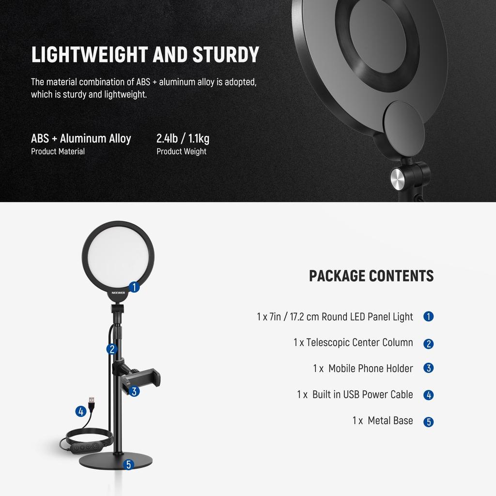 NEEWER BASICS Tabletop Ring Video 680 USB Stand and Smartphone Holder iPhone Actress Light for Live Zoom and YouTube Shooting 7-inch Light, Light,