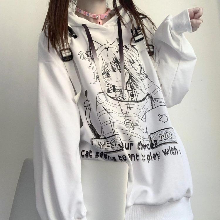 Sudadera con capucha Gótica de Anime Oversize para Mujer Harajuku Streetwear Pulóver Manga Larga Negro Blanco Moda Femenina Sudadera