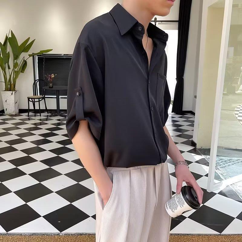 Men's Ice Silk Five-Point Sleeve Shirt - Loose, Wrinkle-Free Korean Fashion, Versatile Summer Top