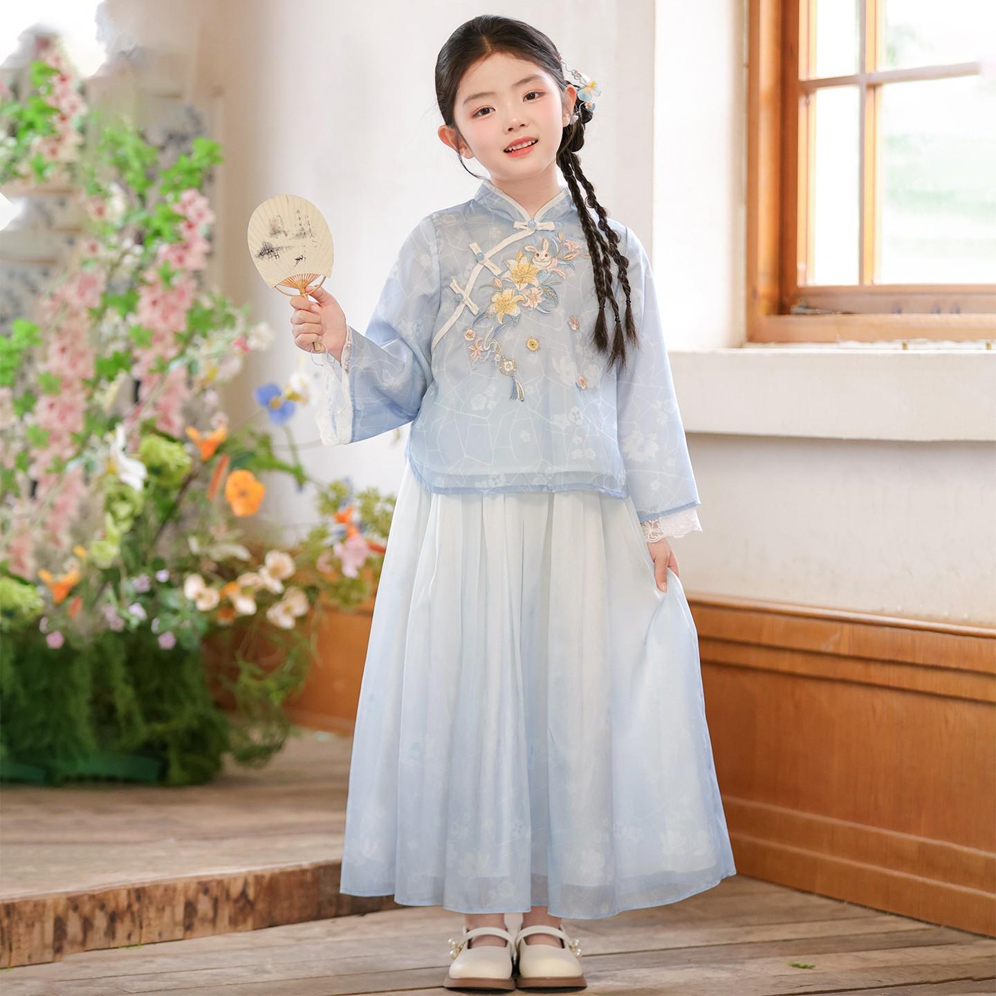 Girls  Spring Long Sleeve Tang Suit Hanfu Set - Chinese Style Children s Costume 120 синий