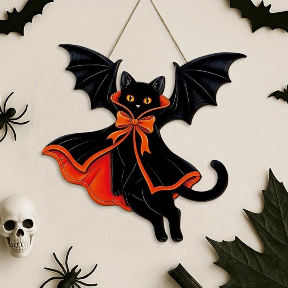 Wooden Black Cat Pendant 2D Flat Halloween Decoration Vintage Hanging Decoration Sign  Halloween