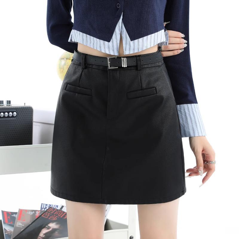 

Юбка А-силуэта из ПУ-кожи с высокой посадкой для женщин - Мини-юбка в студенческом стиле, Осень 2024 2XL