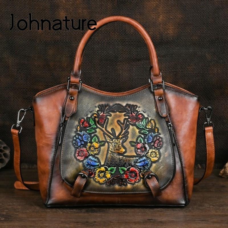 

Роскошная женская сумка Johnature в стиле ретро, ​​тисненая женская сумка ручной работы, универсальные сумки на плечо и через плечо большой вместимости