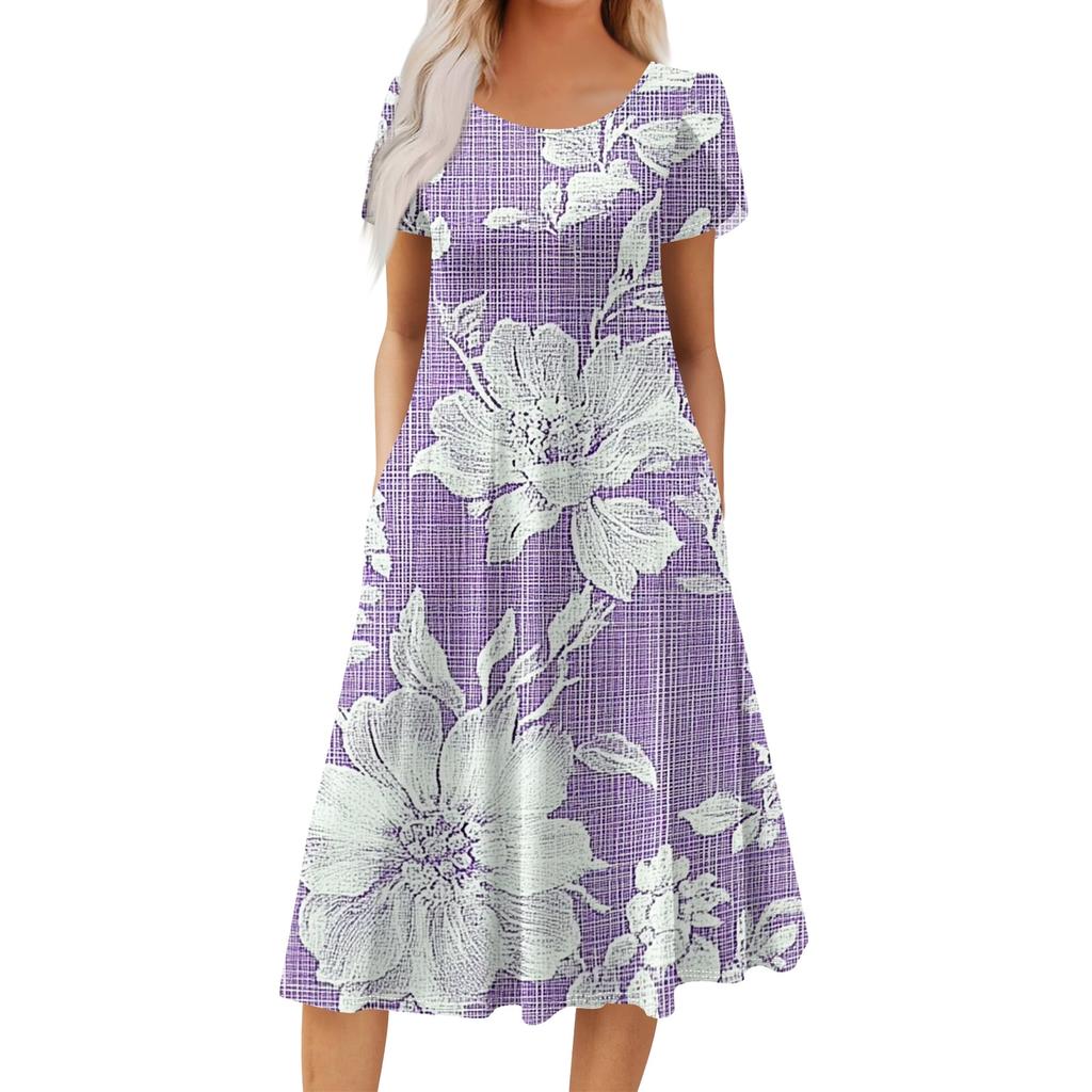 Women's Casual Fashion Round Neck Printed Short Sleeve Pocket Dress