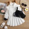 Girls Spring And Autumn Corduroy Turn-Down Collar Dress Leather Vest Two-Piece Set Children Clothing