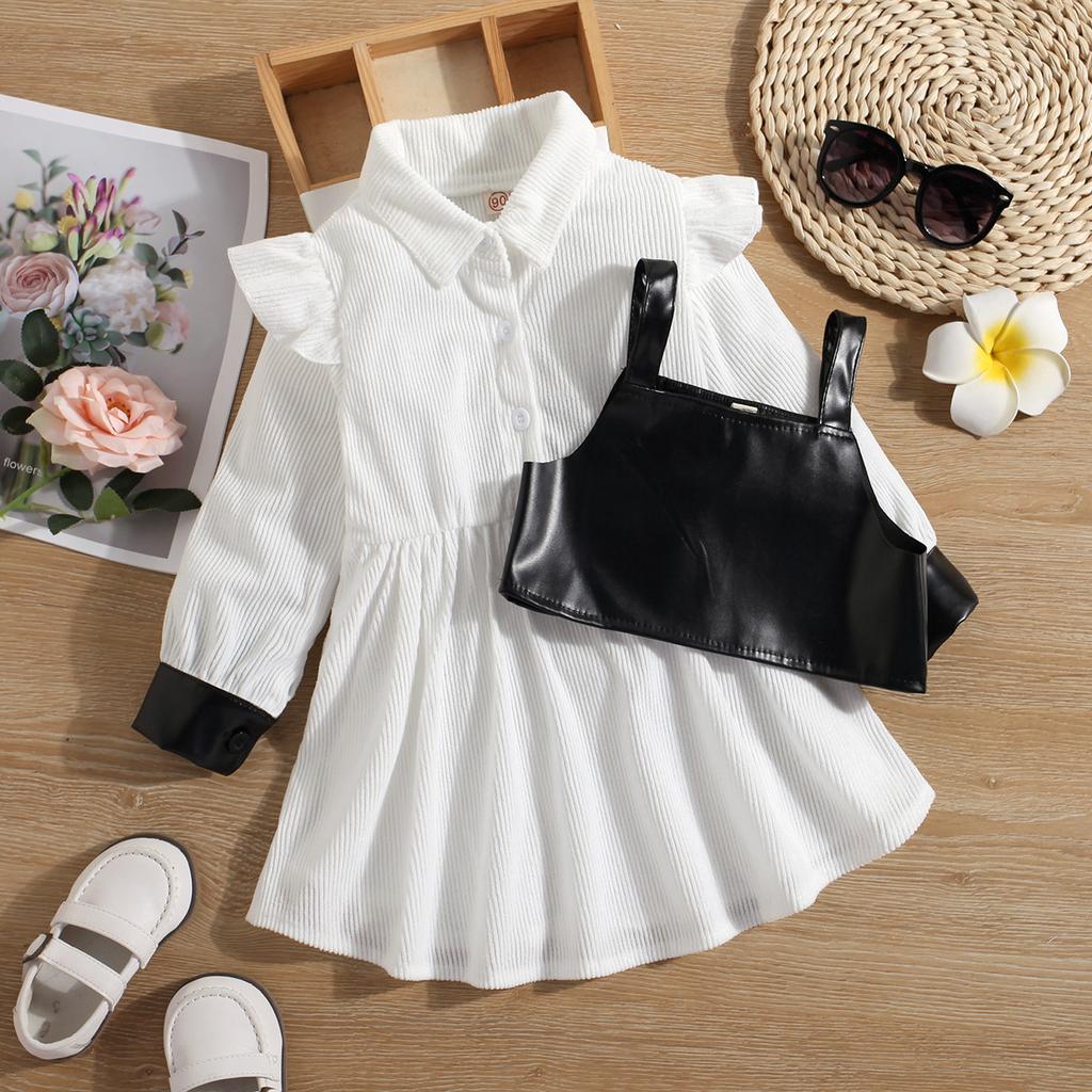 Girls Spring And Autumn Corduroy Turn-Down Collar Dress Leather Vest Two-Piece Set Children Clothing