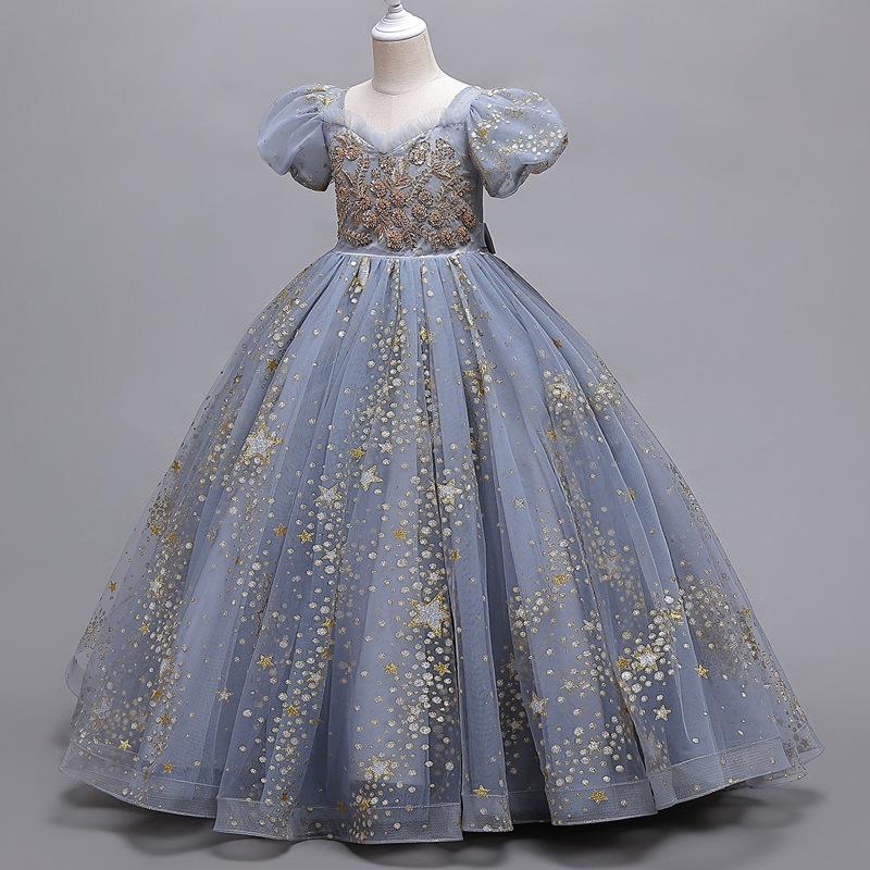 Girls' Princess Puff Sleeve Starlight Mesh Gown for Piano Performance & Banquet