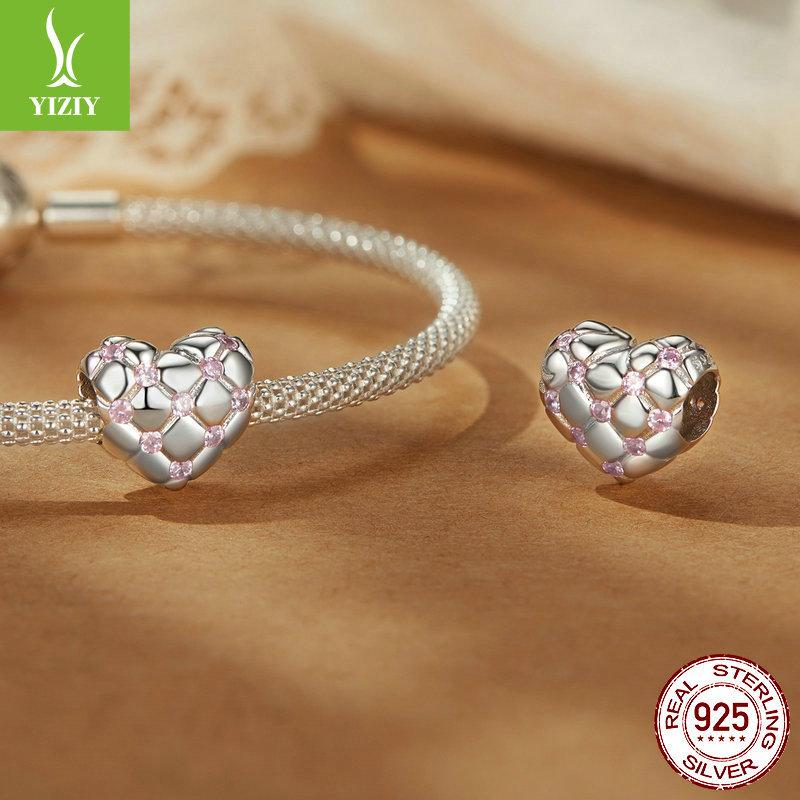 Pink Rhombus Love S925 Sterling Silver Bracelet Beaded, Romantic Girl Heart Diy Beads Loose Beads