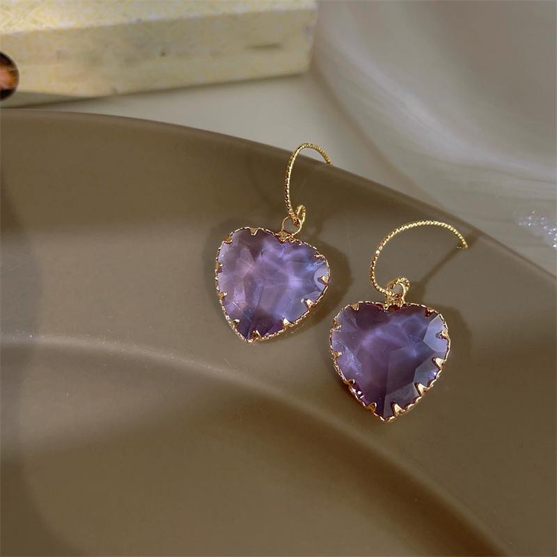 

Purple Crystal Heart Drop Earrings For Women Girl Sweet Cool Fashion Jewelry Accessories New Gift Party Beach Vacation