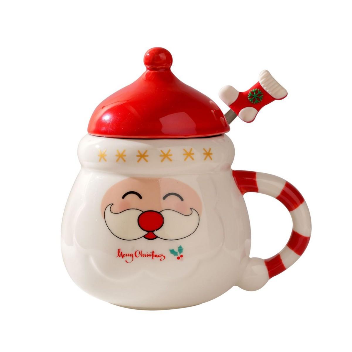 Santa Claus Shape Ceramic Mug Cross Border Foreign Trade Mug with Lid Spoon Christmas Gift Water Cup Cute Cup 400ml