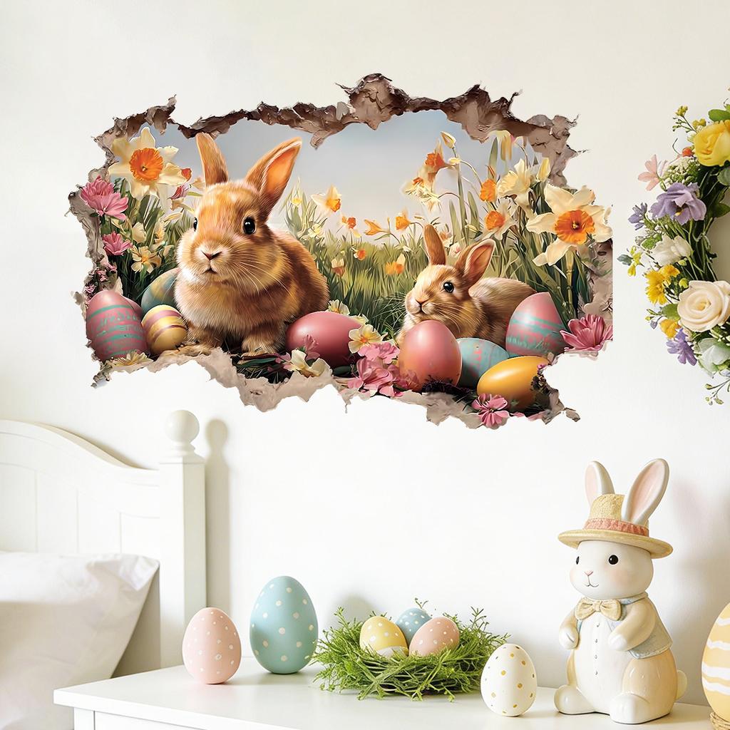3D Breaking Wall Easter Bunny with Eggs and Flowers Wall Sticker Self-Adhesive Removable for Bedroom Living Room Kids Room Holiday Decor