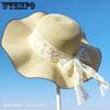 Women Wavy Ruffle Wide Brim Straw Sun Hat Floral Lace Bow Decor Foldable Beach Hat Lightweight Breathable UV Protection Summer Cap