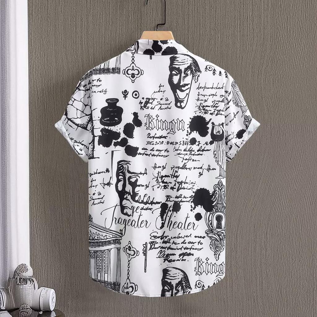 Men Summer Short Sleeved Shirts with Lettering Ink Graffiti Printing Digital Printing Shirt