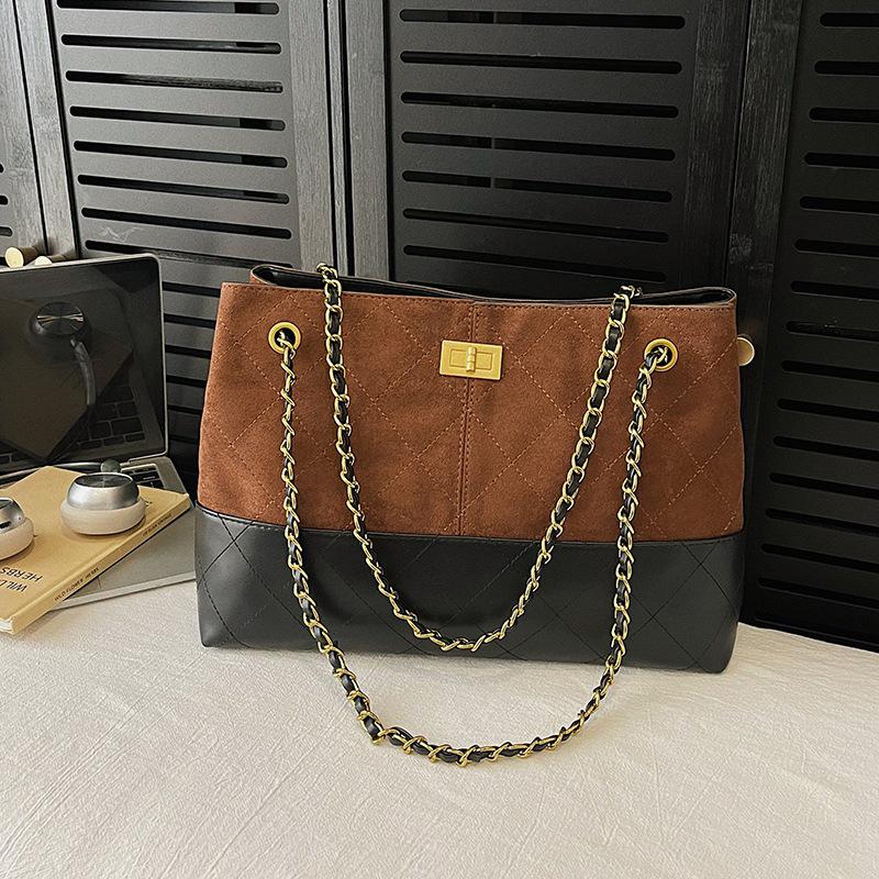 Women's Luxury Argyle Chain Underarm Tote Bag - Mielard Color Block, Large Capacity, Commute Style.