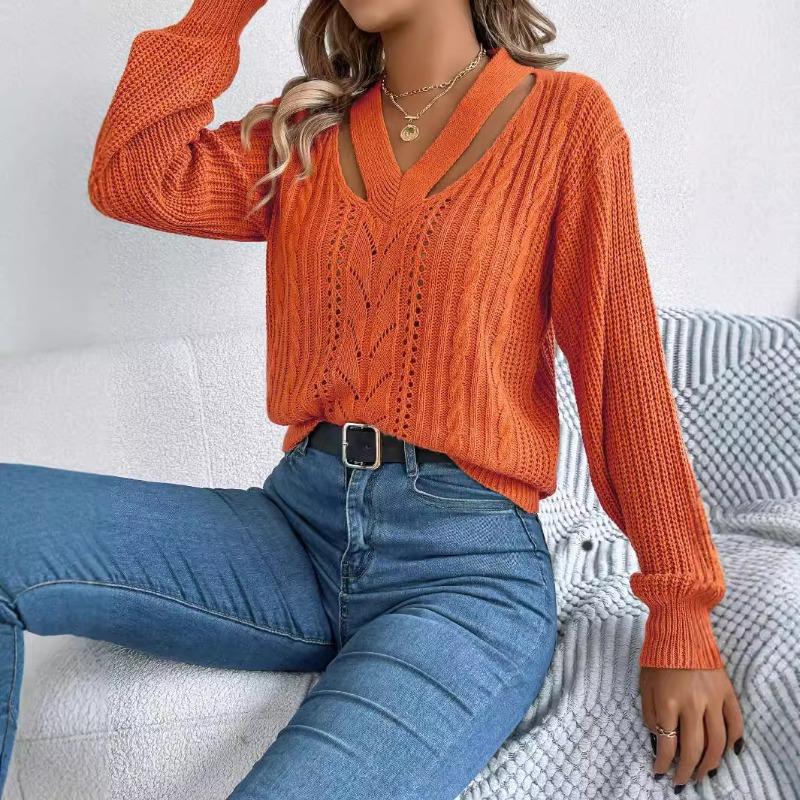 Autumn Winter Casual Hollow Out V-neck Twist Pullover Sweater Long Sleeve Casual Fashion Elegant Casual Tops Ladies Office Streetwear Simple Clothing