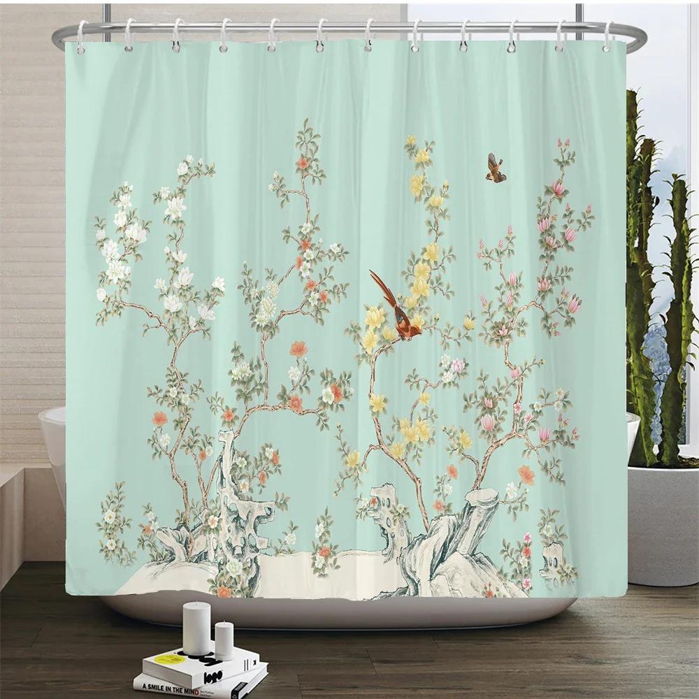 

Plant Flowers and Birds Shower Curtain 180x180cm Floral Printed Shower Curtain Polyester Bath Curtain Bathroom Decor With Hooks W90XH180cm