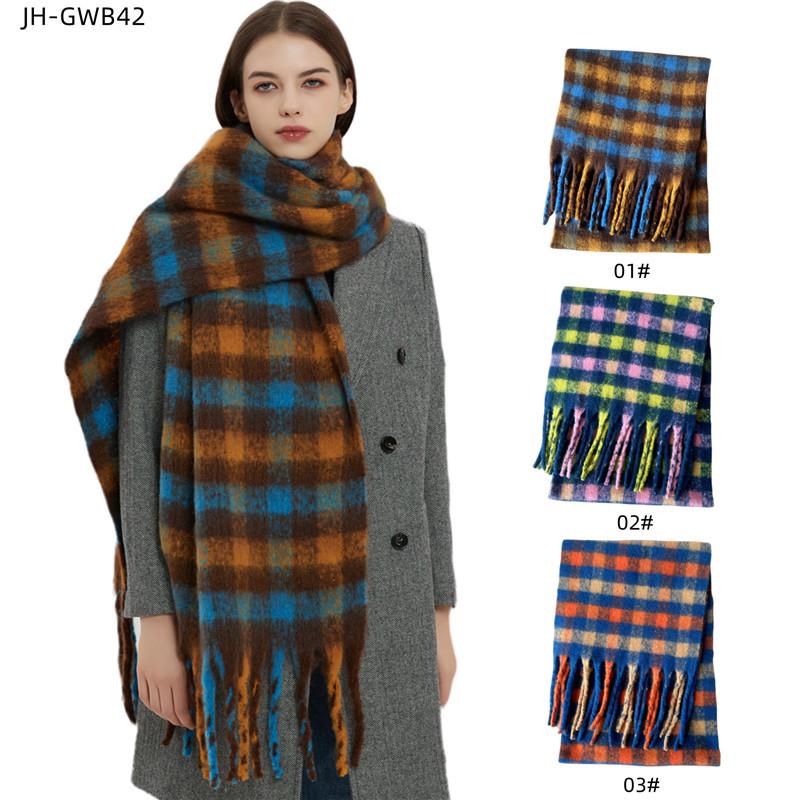 Foreign trade winter thickened imitation mohair small plaid scarf European and American new thick tassel plaid scarf shawl manufacturer