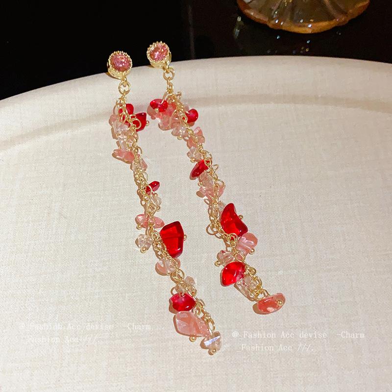 Silver Needle Diamond Pink Gravel Fringed Earrings Fashion Versatile Earrings Sweet Small Fresh Earrings Niche Premium Sense