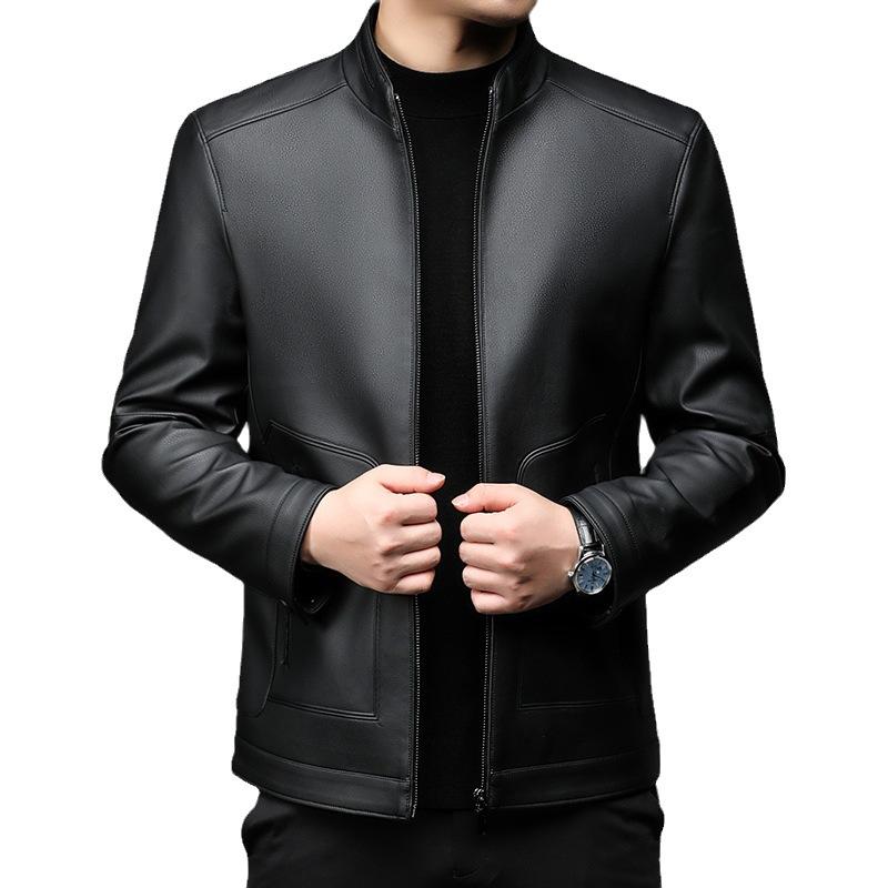 Herbst- und Winter Stehkragen Lederjacke Herren Mittleren Alters Lederjacke Herren Business Casual Fleece Lederjacke