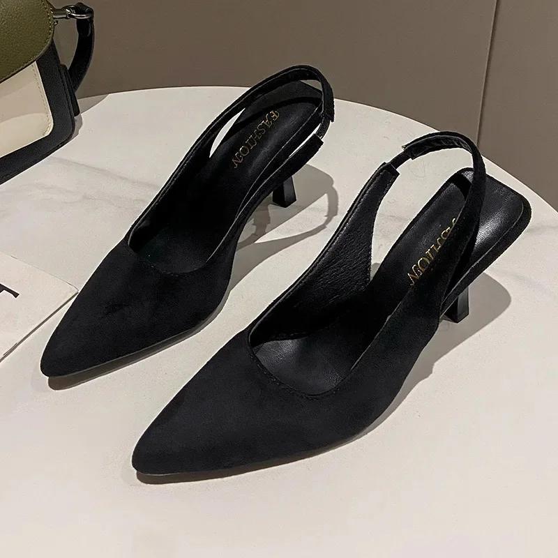 Modes franču stila sieviešu augstpapēžu kurpes 2025. gada vasaras jaunas elegantas mākslīgās zamšādas smailgalu seksīgas ballīšu sandales vienas kurpes liels izmērs 43