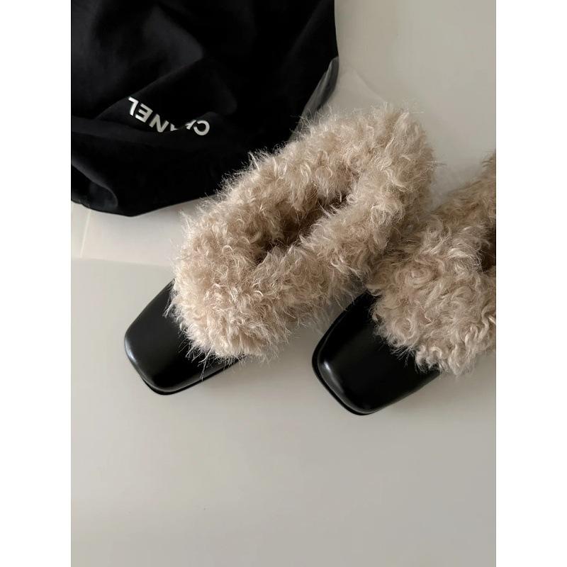 Cowhide Version~ Square Head Fluffy Shoes One Pedal Retro Velvet Warm Mary Jane Small Leather Shoes Cotton Shoes Thick Heel Single Shoes