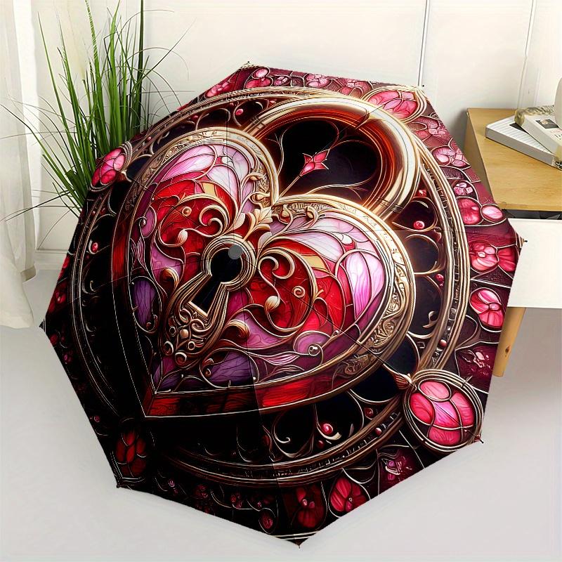 Stained Heart Keyhole OrnamentUmbrella, Portable 3-Fold Compact Umbrella,Christmas Gift ES638