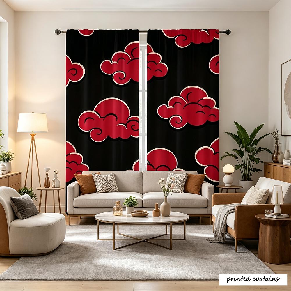2 Pcs Black And Red Anime Red Cloud Print Flat Printed Curtains With Rod Pocket No Lining Light Filtering