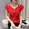 New Summer Sequin V-neck Short-sleeved Thin Slim Mesh Trolley-cut Hollow Off-shoulder T-shirt