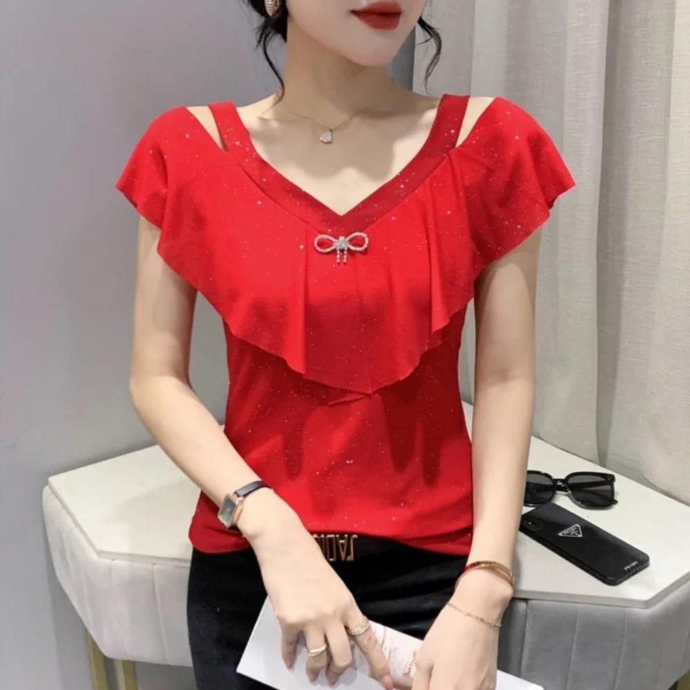 New Summer Sequin V-neck Short-sleeved Thin Slim Mesh Trolley-cut Hollow Off-shoulder T-shirt