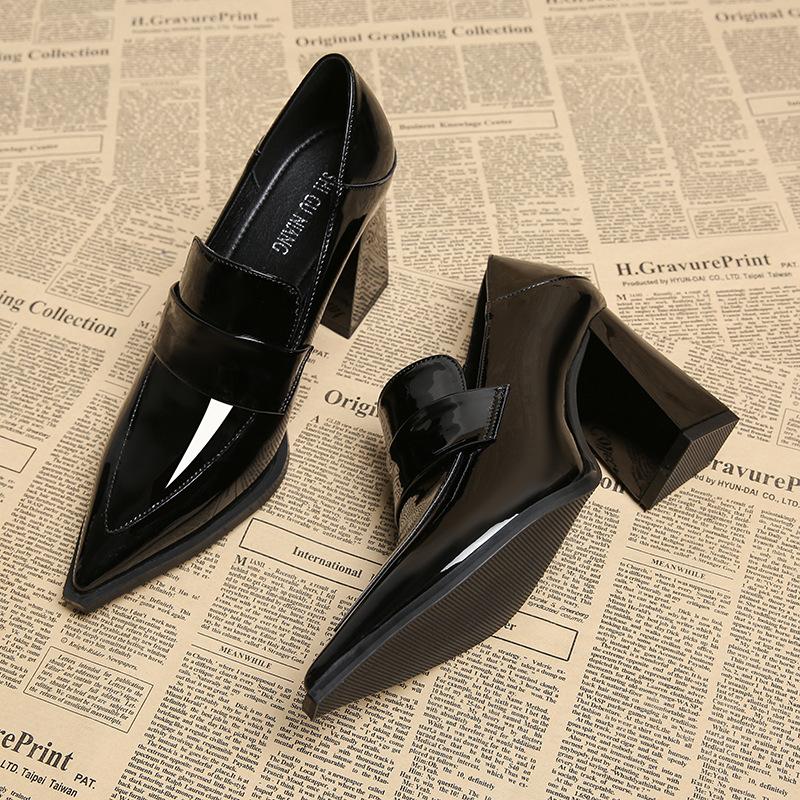 

7912-1 Spring Deep Mouth Single Shoes 2025 Premium Commuter Uniform Versatile Pointed High Heel Black Leather Shoes 39