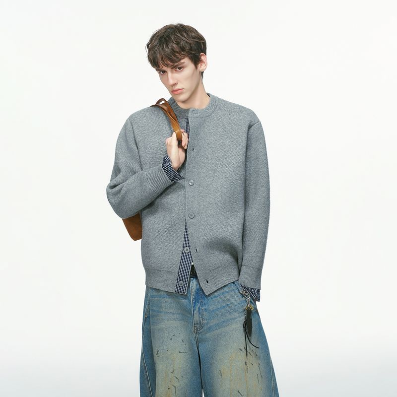 Dream Made Cloud-Like Plaid Patchwork Cardigan Sweater for Men, Autumn and Winter Thickened Fake Two-Piece Henry Collar Knitwear