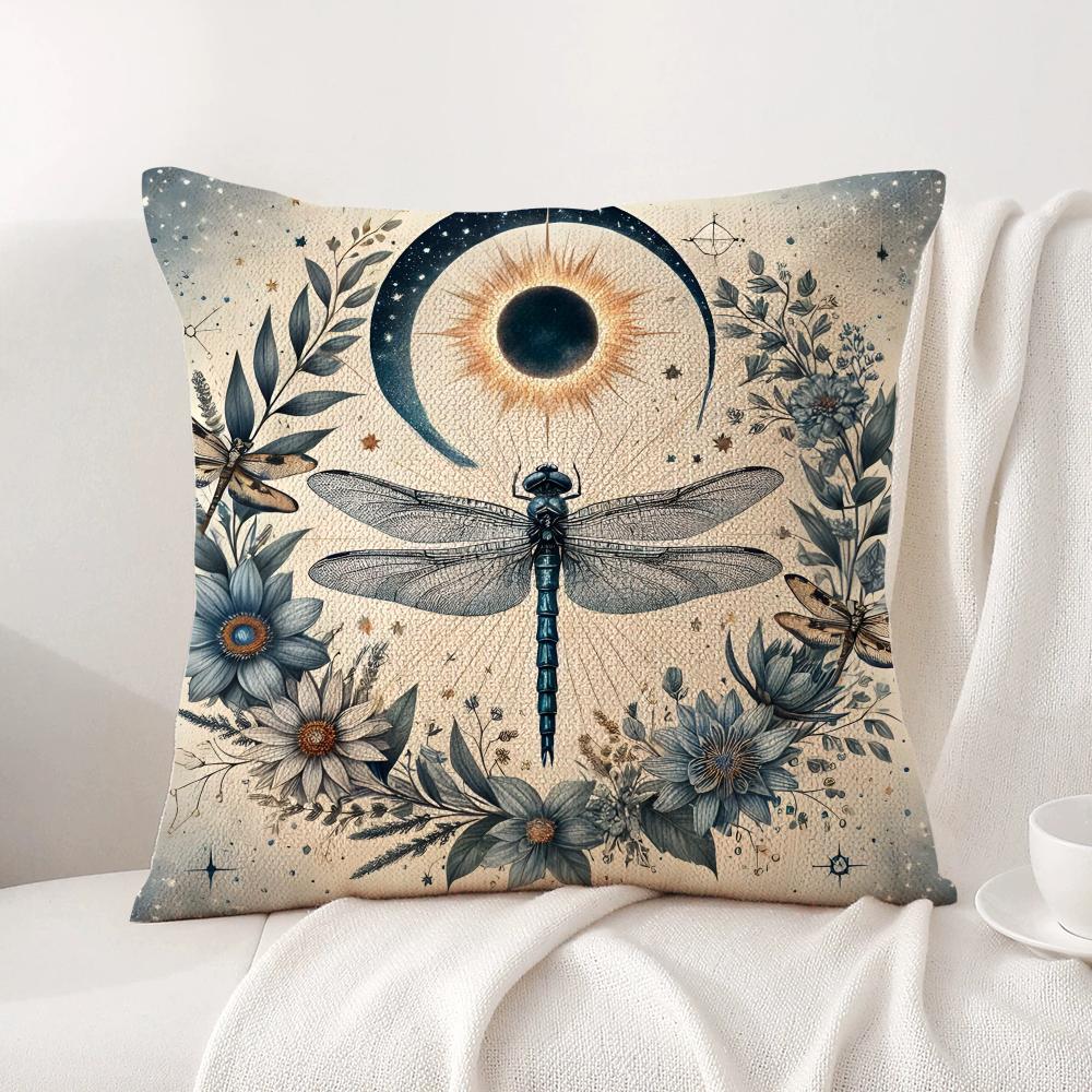 Retro Dragonfly Lotus Cushion Cover Natural Linen Organic Fabric DoubleSided Printing Sofa Home Decor Gift Pillow Cover