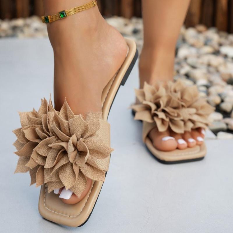 Casual Square Toe Flat Slippers Fashionable Floral Slippers for Lazy People, One Foot Stomping, Open Toed Beach Slippers