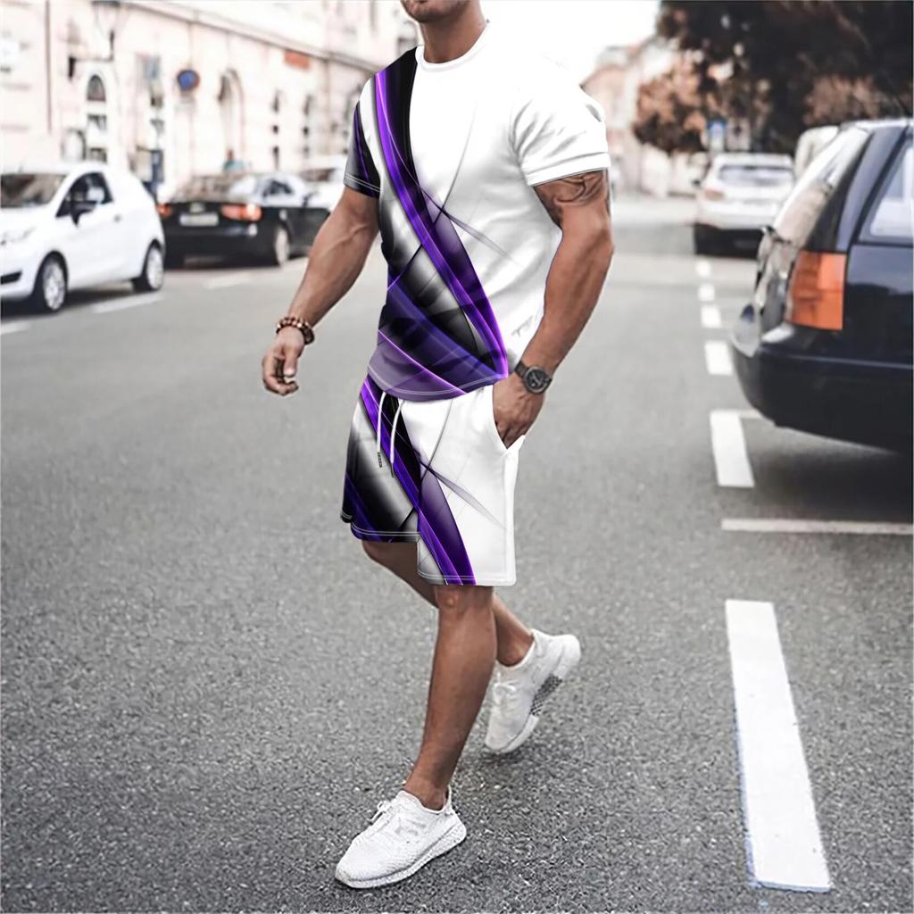Abito stampato da uomo casual da uomo, maglietta oversize, pantaloncini da spiaggia, abbigliamento sportivo, scollo rotondo, abbigliamento sportivo, completo